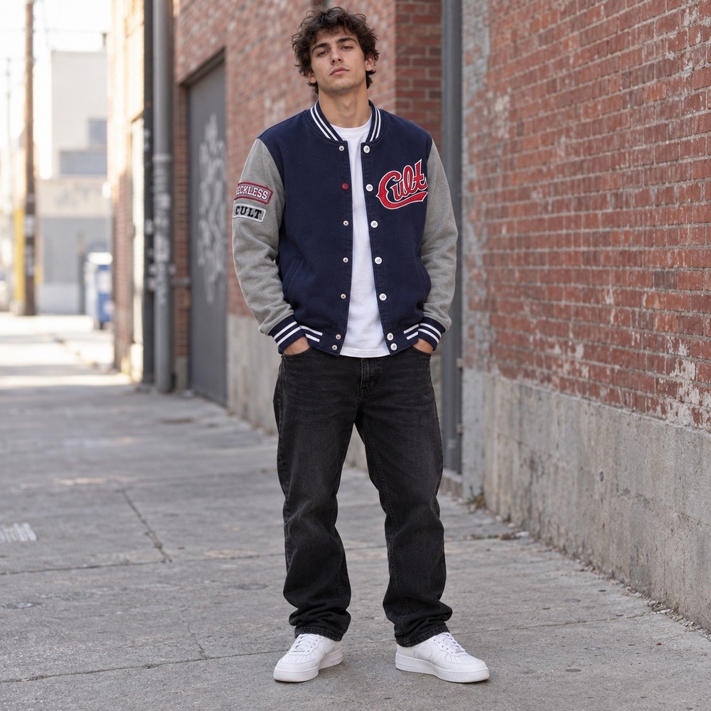 Young & Reckless Cult 1986 Varsity Jacket Men's M Navy Gray Streetwear